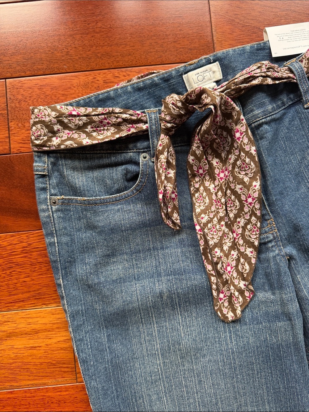 LOFT Blue Flare Jeans with Patterned Waist Scarf Embroidered back Pockets - Picture 4 of 10